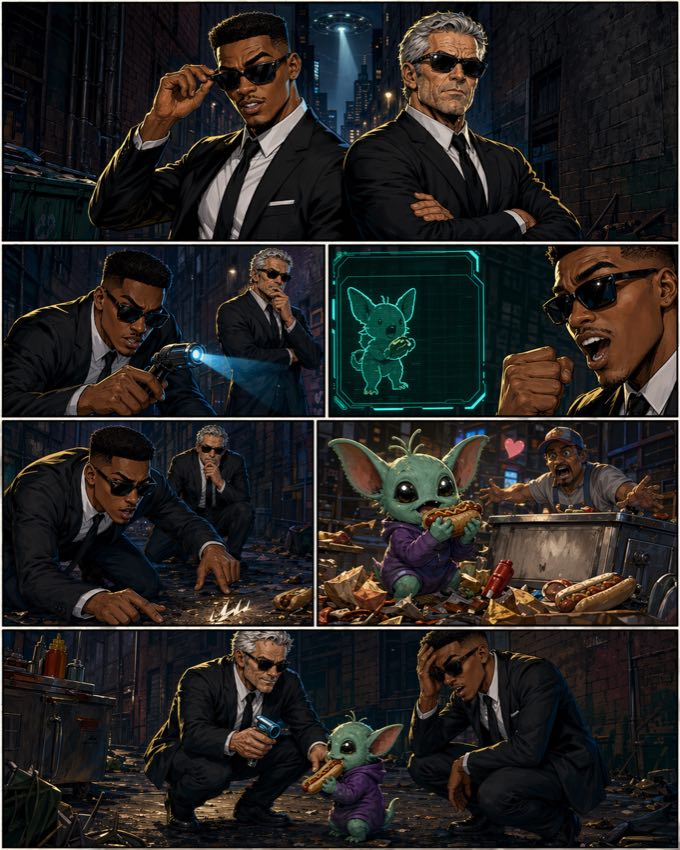 A comic page about two secret agents discovering a small alien with a hot dog