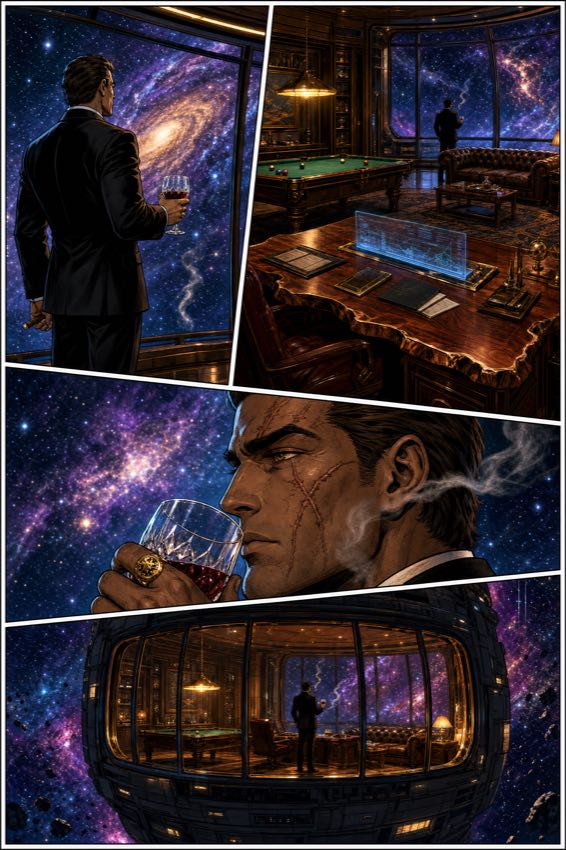 A noir comic page about a mysterious man in a private room overlooking a galaxy
