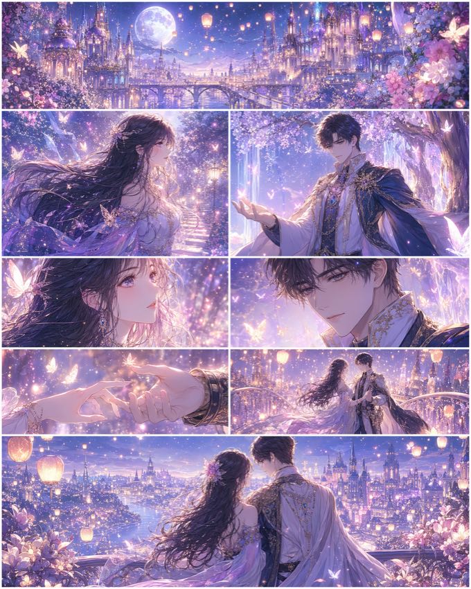 A luminous fantasy romance comic page in a violet kingdom filled with butterflies