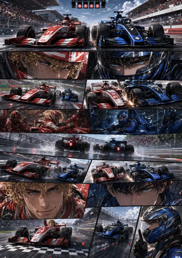 An action comic page showing red and blue racing rivals battling to the finish