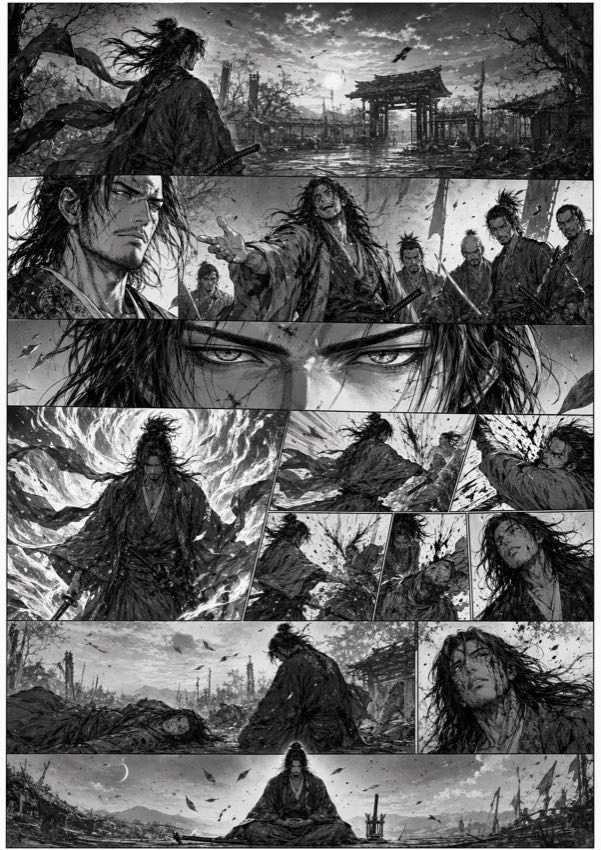 A black-and-white manga page about a lone samurai after a devastating battle