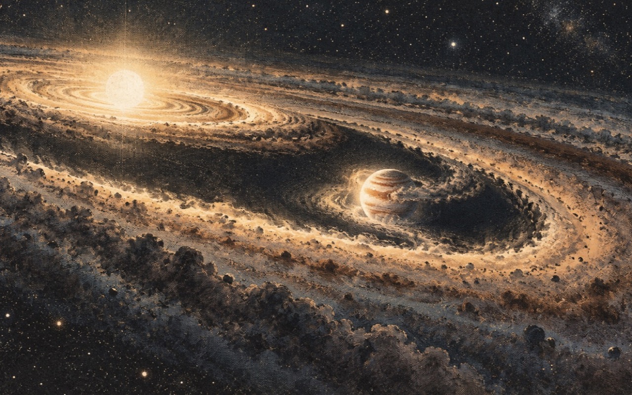 Editorial illustration of a newborn planet forming inside a disk of dust and gas