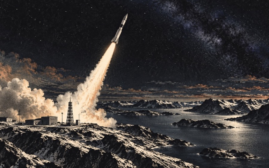 Editorial illustration of a rocket launching toward orbit from a Norwegian coastal spaceport