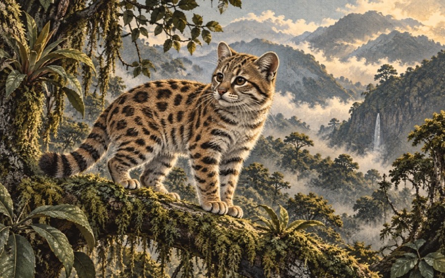 Editorial illustration of a small spotted tilcayo wild cat in a Bolivian cloud forest